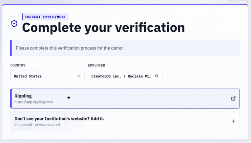 Employment verification request with country, employer, and Rippling selected as the source.